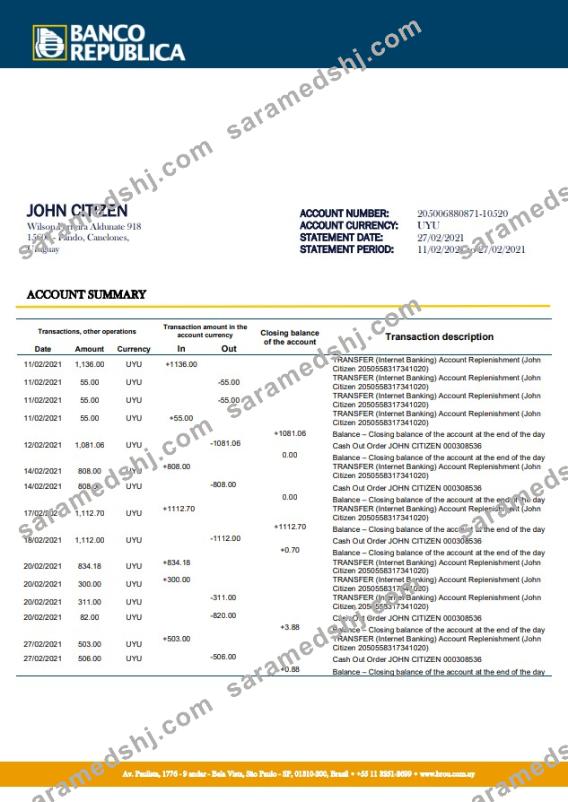 Uruguay Banco De La Republica Oriental Del Uruguay bank statement template in .doc and .pdf format